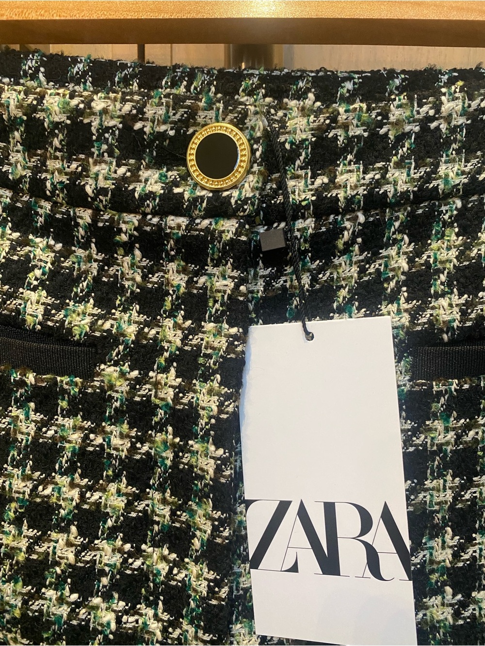 ZARA Black Tweed Pants Green and Cream Accents